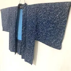 5k53 羽織　毛　袷　紺　青　白　ピンク　柄物　和装　着物