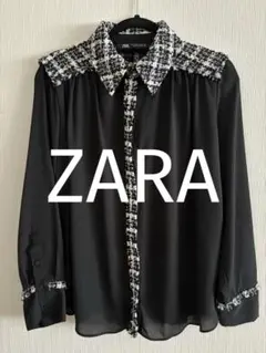ZARA 黒 シフォン 長袖ブラウス　ツイード襟