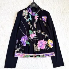 美品◎レオナール カンカン トリム ジャケット 薄手 長袖 花柄 LL