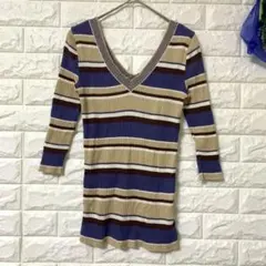 UNITED ユナイテッド リブ ニット ボーダー コットン100% 五分袖