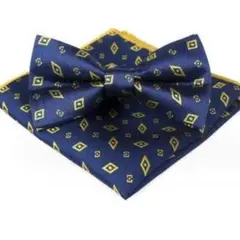 蝶ネクタイ　チーフ　2点セット　ワンタッチ　ネイビー　ゴールド　結婚式　ネクタイ