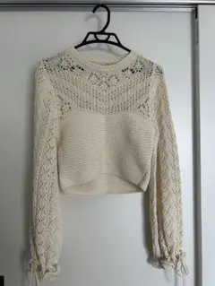 ZARA アイボリー レース編み 長袖 クロップドニット