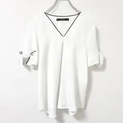 ザラベーシック ブラウス XS 白 黒パイピング Vネック 袖リボン きれいめのサムネイル