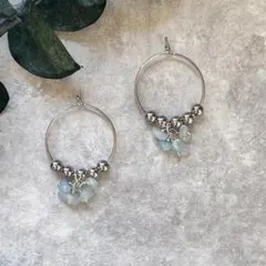 天然石アクアマリン&STビーズ　21.5mmフープピアス