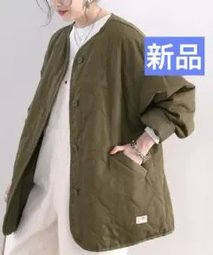 クラシカルエルフキルティングジャケットカーキブラウンノーカラーオーバーサイズL