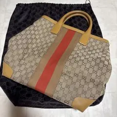 GUCCI GGキャンバス シェリーライン 縦長 トートバッグ レザー　ブラウン