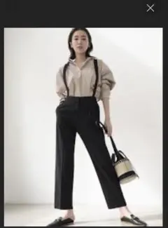 PLSTリネンサスペンダー付き黒テーパードパンツ