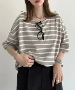 コットン100％ボーダーシンプルカットソーオーバーサイズ半袖Tシャツ　ベージュのサムネイル