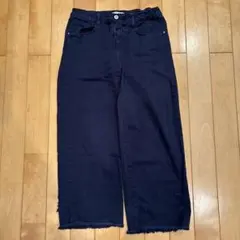 ダークブルー フリンジ裾 ワイドレッグデニムパンツ