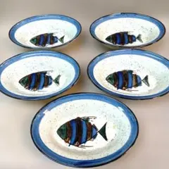 魚デザインの陶磁器皿 5枚セット 手描き 昭和レトロ