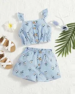 【SHEIN/シーイン】ストライプ フローラルプリント ラッフルトリム