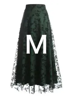 【新品】チュールスカートＭ深緑と黒の花柄フレアスカート　デート通勤パーティー