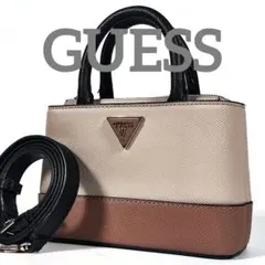 GUESS ショルダーバッグ 2way ロゴプレート レザー ベージュ ブラウン