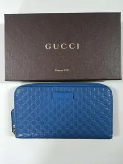 GUCCI 長財布 GG マイクロシマ ラウンドジップ レザー 青 長財布