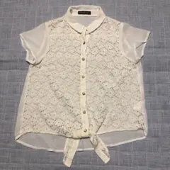 Mサイズ　花柄トップス　レース　レースルー　半袖ブラウス　春夏物　花柄　ホワイト