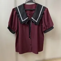 美品　フリル付き襟のワインレッドシャツ　サイズM リボン付き　地雷系