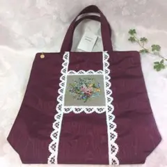 久家道子　Petit Michiko トートバッグ 花柄刺繍 グレー　プチポワン 久家道子 Petit Michiko トートバッグ 花柄刺繍 グレー プチポワン