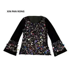 XIN PAN RONG 長袖　ブラウス　カットソー　フレアスリーブ　派手　黒のサムネイル