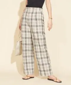 ビューティーアンドユース　麻ブレンドチェックサイドゴムパンツ -ウォッシャブルM