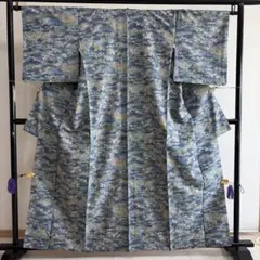 ひ*T様 ■E5986■美品■正絹■薄い藍色　風景柄　大島紬　袷　着物■丈159