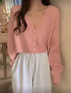 SHEINシーインカーディガンピンクVネック ニットセーター 長袖7417242