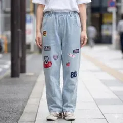 Co　ワッペン　刺繍　ゆるダボ　ストレート　ワイド　デニムパンツ　レディース　綿