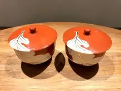 不二陶器 朱色蓋付湯呑み2客 明治 アンティーク 骨董品