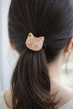 ねこ ヘアゴム レジン｜ドライフラワー入り 大人可愛い ハンドメイド