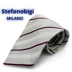 Stefanobigi イタリア製ネクタイ　グレー×ワイン×白　ストライプ　絹製