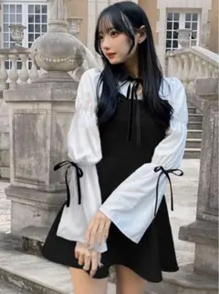 GRL 配色カラーリボンパフスリーブフレアミニワンピース[tg853]