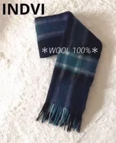 INDIVIインディヴィ チェック柄 マフラー ウール100% ネイビー