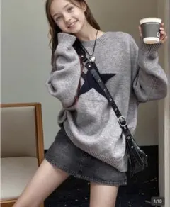 グレー 星刺繍 ニットセーター 長袖 SHEIN DAZY