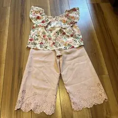 4Y花柄フリルトップス×カットワークワイドパンツ セットアップ 100cmのサムネイル