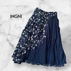 美品 INGNI イング 花柄ラッフル切替プリーツスカート 軽やか ネイビー M