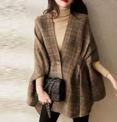 ポンチョ コート ストール風 カーディガン チェック柄 暖かい 防寒 チェック