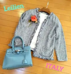 レリアン ノーカラーフリンジツイードジャケット ブルー系