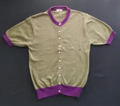 【サマンサモスモス】黄緑と紫のストライプカーディガン 半袖　Мサイズ相当