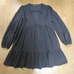 ZARA ザラ ティアードワンピース ミニ丈 フリル リボン ブラック M