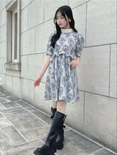 【Fi.n.t】タグ付き ゴブラン風プリントパフスリーブミニワンピース フィント