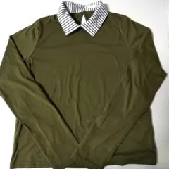 オリーブグリーン 長袖Tシャツ ストライプ襟付き