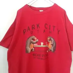 THE DUCK CO アニマル クマ プリント Tシャツ レッド L 海外古着