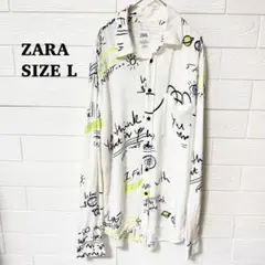 ZARA ザラ　リラックスフィット　長袖　柄シャツ　プリント　落書き風　文字　白