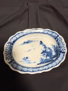 中国古玩 清朝期 青花 青華 楼閣山水画飾皿 サイズ 幅約32,5×26,5cm