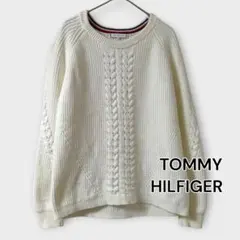 TOMMY HILFIGER ケーブルニット S ホワイト 刺繍ロゴ