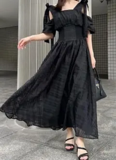 snidel リボンショルダーウエストリブワンピース ブラック