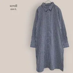 スクロールscroll✨極美品✨チェックシャツワンピース　膝下丈　ネイビー　綿のサムネイル