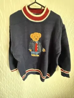 クマ刺繍 ネイビー ニットセーター