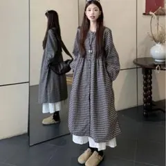 着痩せ ロング シャツワンピース チェック ラウンドネック長袖 好感度をアップ