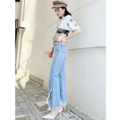 GYDA HEMフリンジストレートデニムパンツ