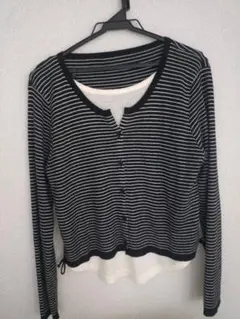 ボーダーUネック ニット 長袖　重ね着風　サイドにリボン